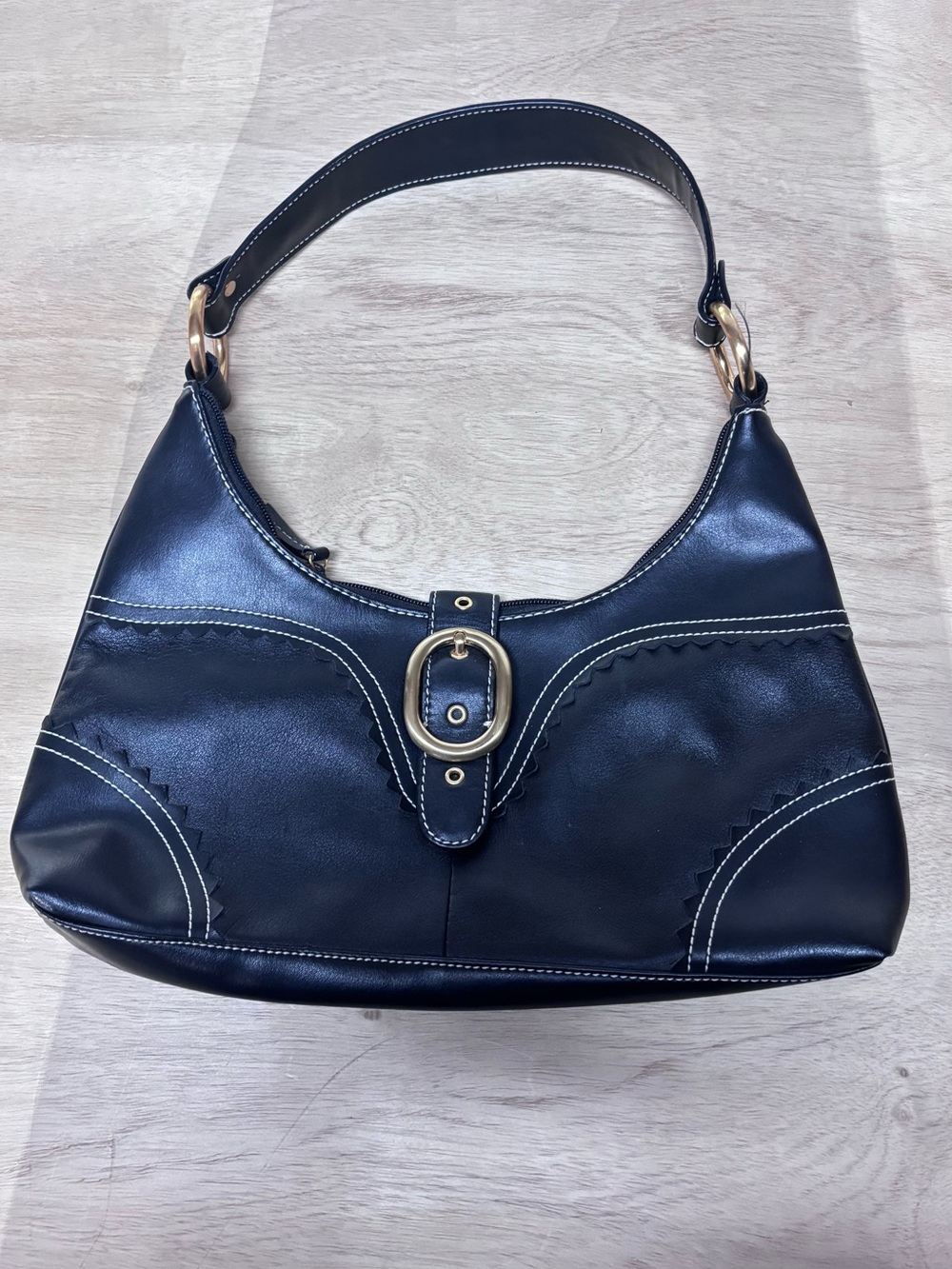 AK Anne Klein Black Shoulder Hobo Bag White Contrast Stitching Gold Tone Buckle